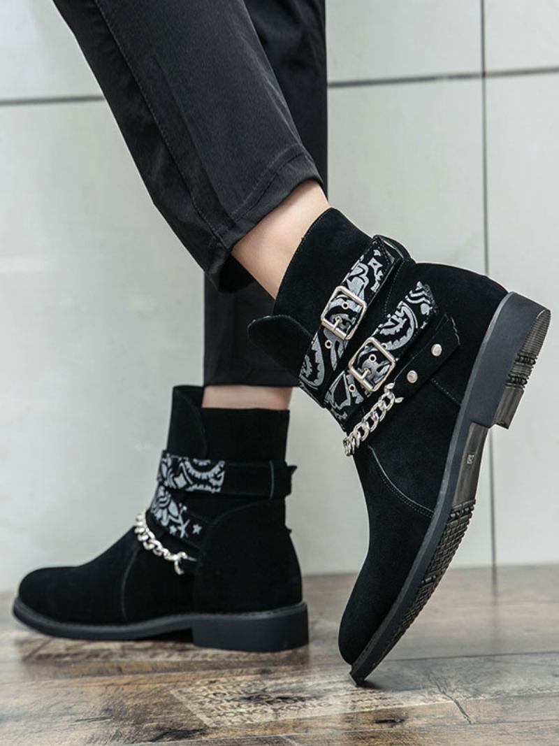 Botas Masculinas Chelsea Pretas Couro Pu Com Bico Redondo E Correntes - Preto