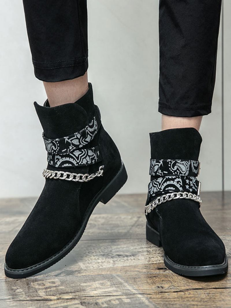 Botas Masculinas Chelsea Pretas Couro Pu Com Bico Redondo E Correntes - Preto