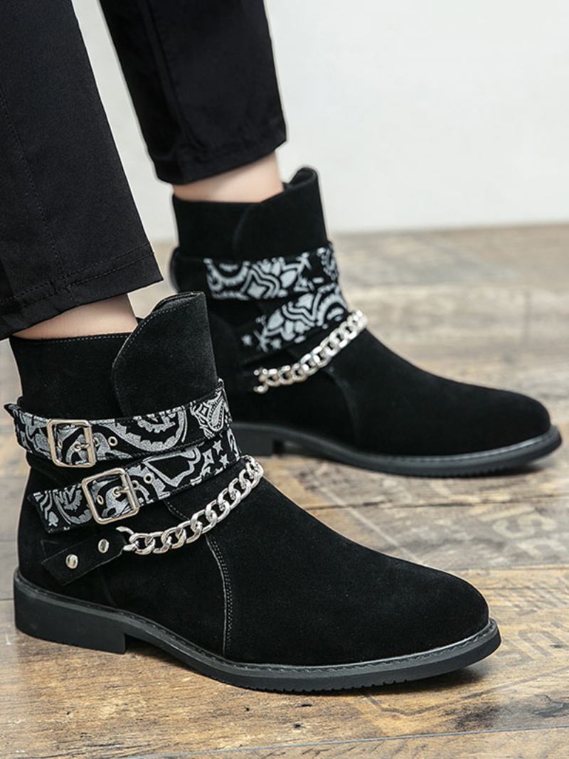 Botas Masculinas Chelsea Pretas Couro Pu Com Bico Redondo E Correntes - Preto