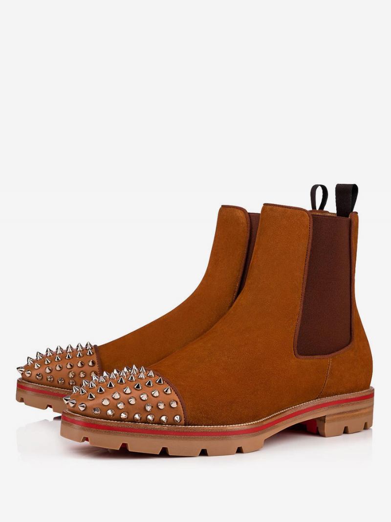 Botas Masculinas Chelsea Spike Camurça Couro Dedo Do Pé Redondo Solas Grossas Reforços Elásticos Puxar Abas Deslizamento Em Tornozelo