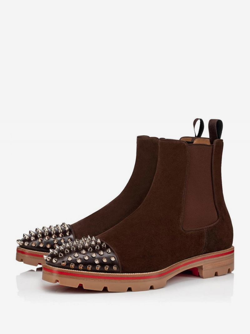 Botas Masculinas Chelsea Spike Camurça Couro Dedo Do Pé Redondo Solas Grossas Reforços Elásticos Puxar Abas Deslizamento Em Tornozelo - Chocolate