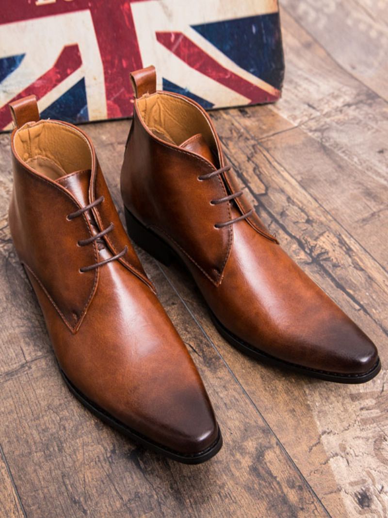 Botas Masculinas Chukka Couro Pu Bico Fino - Café Marrom