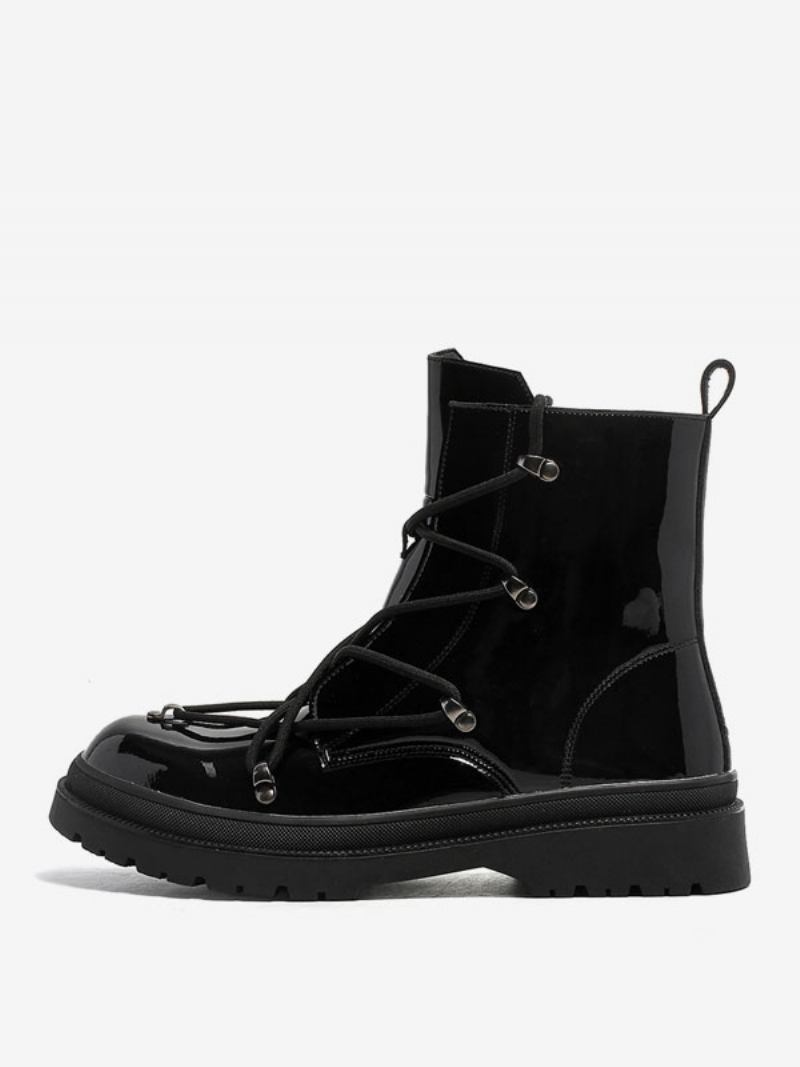 Botas Masculinas Chukka Couro Pu Com Bico Redondo E Correntes Para Festa Peom - Preto