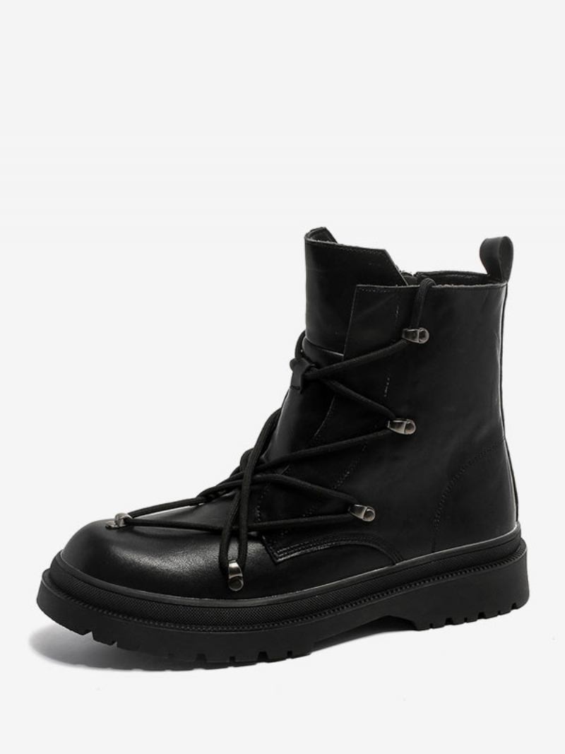 Botas Masculinas Chukka Couro Pu Com Bico Redondo E Correntes Para Festa Peom - Pu Preto