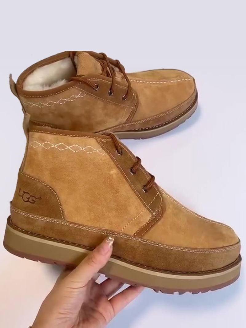 Botas Masculinas Chukka Para Neve Em Camurça Com Bico Redondo E Cadarço - Café Marrom