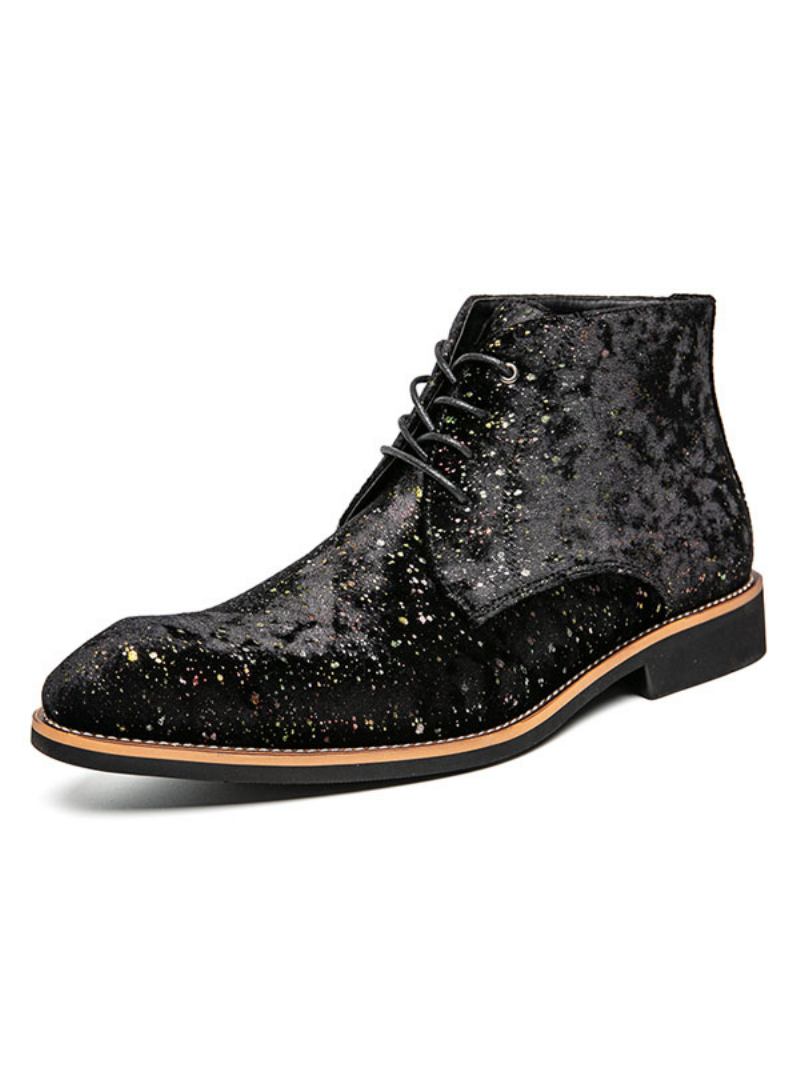 Botas Masculinas Com Lantejoulas Redondas Toechukka Couro Pu Azul Tornozelo Martin - Preto