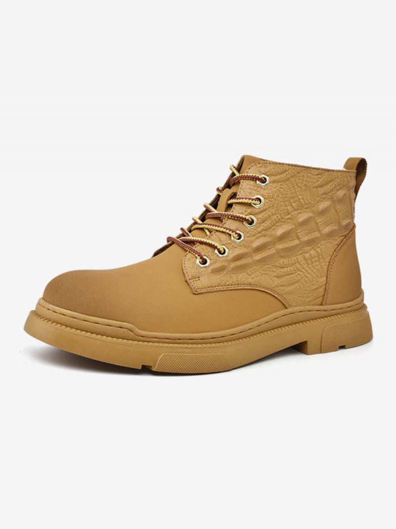 Botas Masculinas Combate Couro Pu Bico Redondo - Amarelo