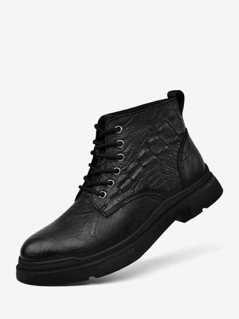 Botas Masculinas Combate Couro Pu Bico Redondo - Preto