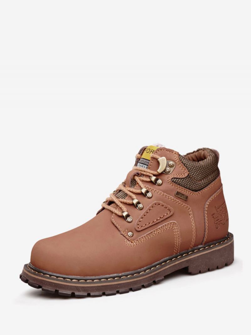 Botas Masculinas Combate Couro Pu Bico Redondo - Castanho Claro