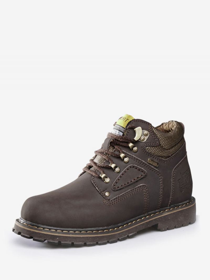 Botas Masculinas Combate Couro Pu Bico Redondo - Castanho Profundo