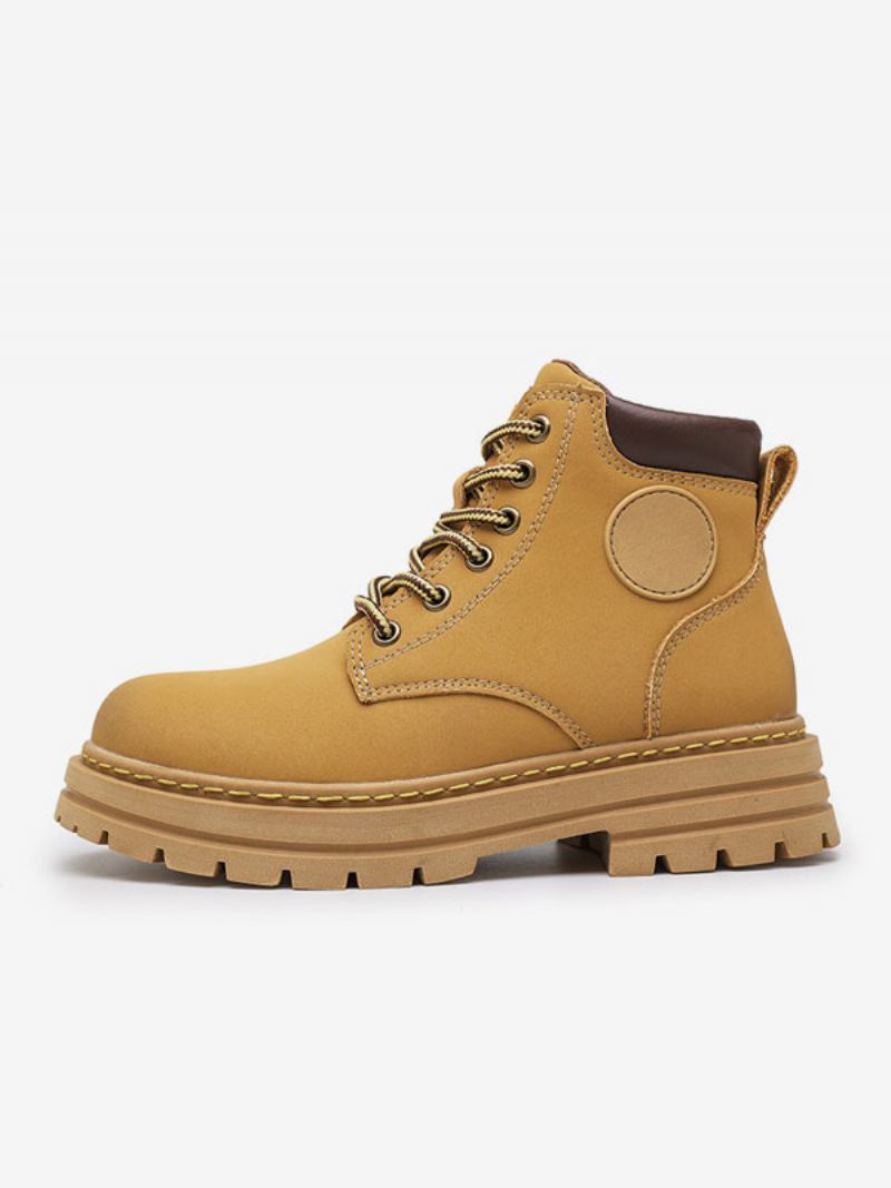 Botas Masculinas Combate Couro Pu Bico Redondo Com Cadarço - Amarelo