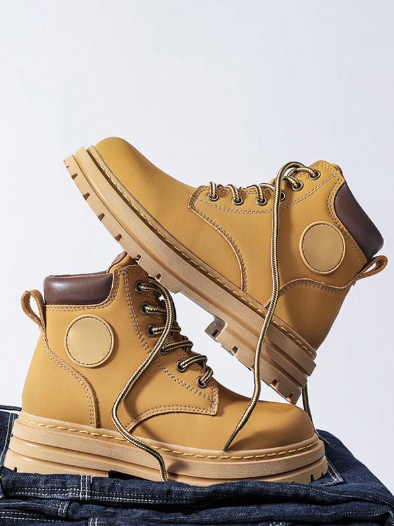 Botas Masculinas Combate Couro Pu Bico Redondo Com Cadarço - Amarelo