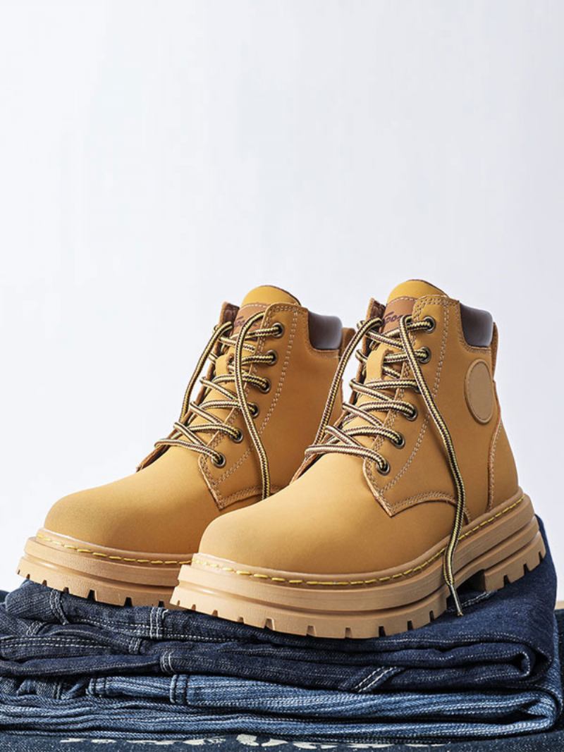 Botas Masculinas Combate Couro Pu Bico Redondo Com Cadarço - Amarelo