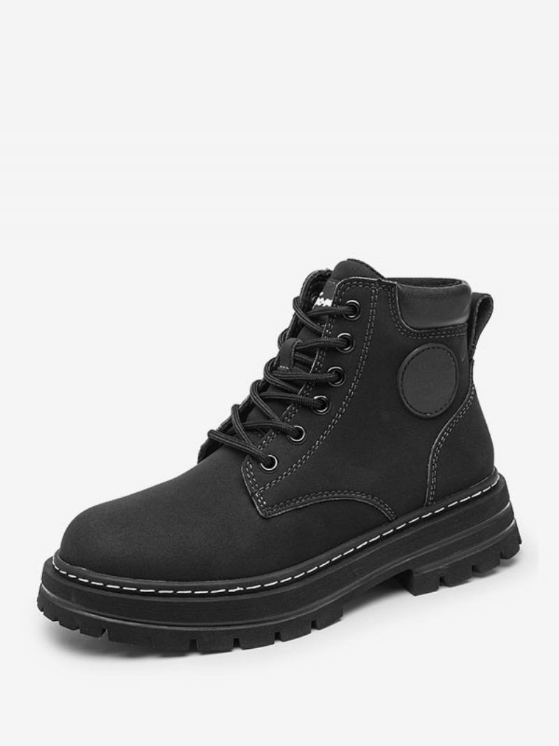 Botas Masculinas Combate Couro Pu Bico Redondo Com Cadarço - Preto