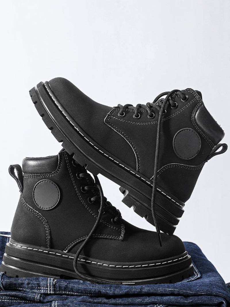 Botas Masculinas Combate Couro Pu Bico Redondo Com Cadarço - Preto