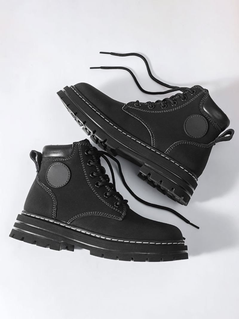 Botas Masculinas Combate Couro Pu Bico Redondo Com Cadarço - Preto