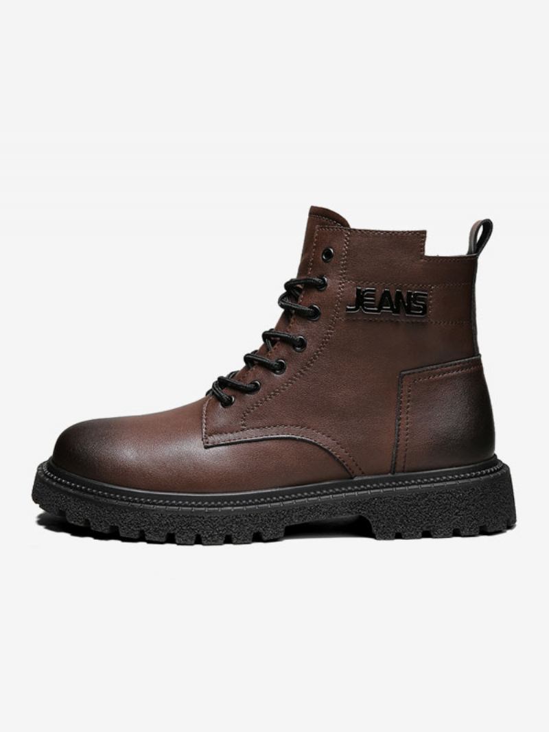 Botas Masculinas Combate Couro Pu Bico Redondo Com Cadarço - Café Marrom