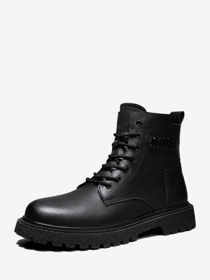 Botas Masculinas Combate Couro Pu Bico Redondo Com Cadarço - Preto