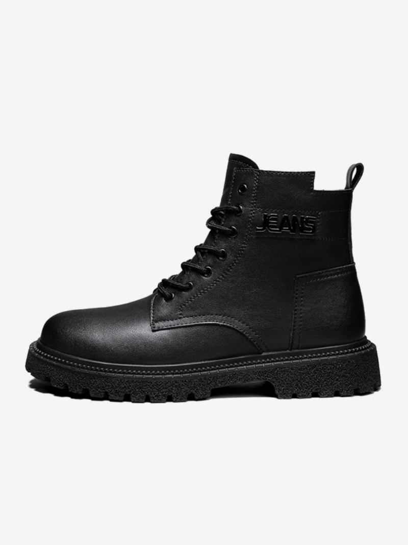 Botas Masculinas Combate Couro Pu Bico Redondo Com Cadarço - Preto