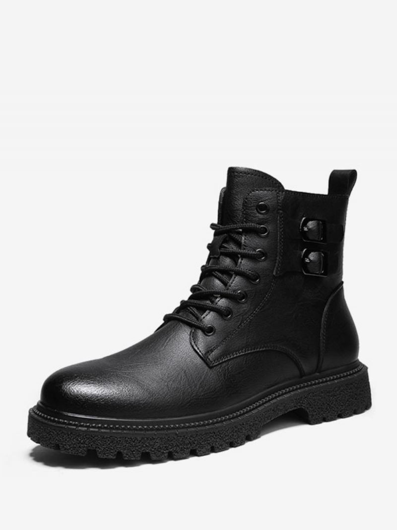 Botas Masculinas Combate Couro Pu Bico Redondo Com Cadarço