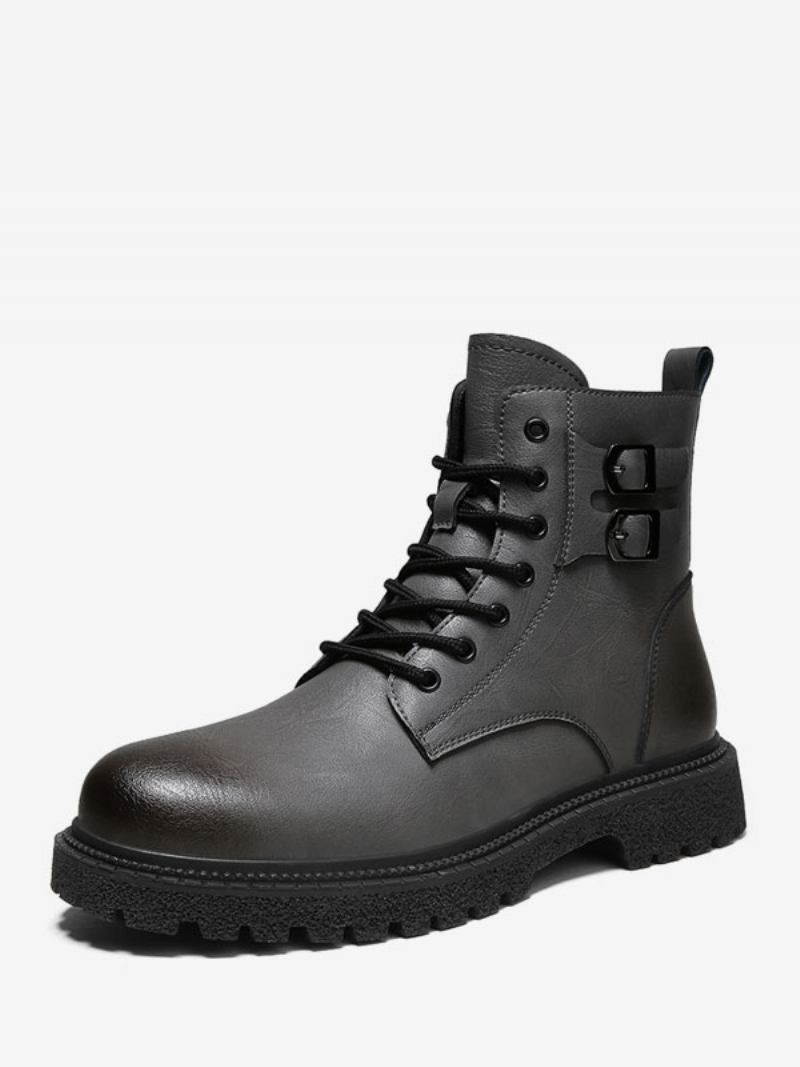 Botas Masculinas Combate Couro Pu Bico Redondo Com Cadarço - Cinza