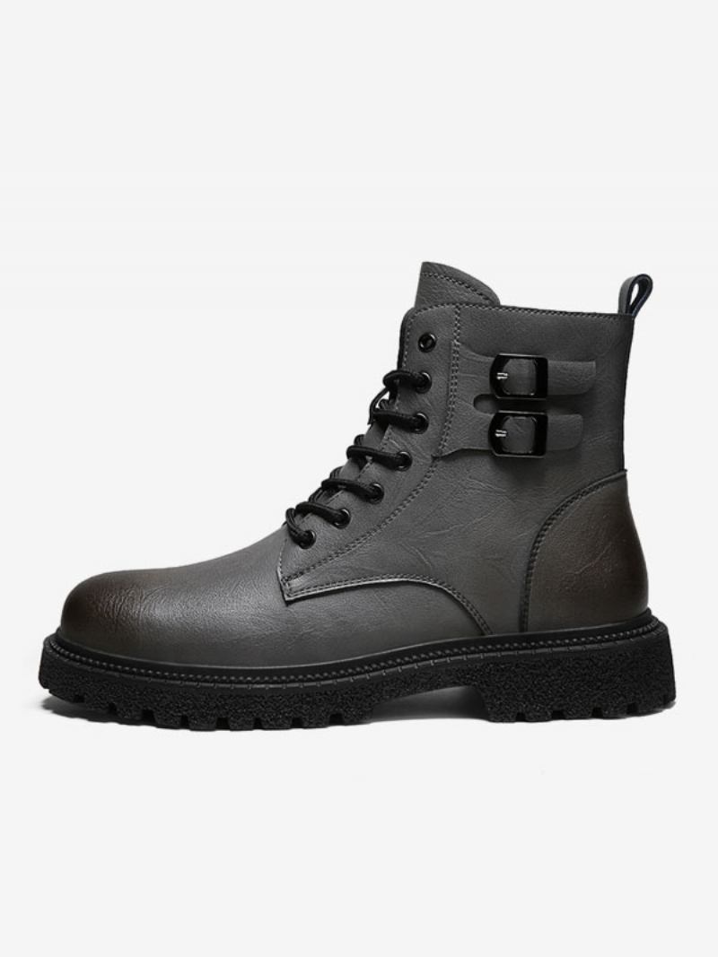 Botas Masculinas Combate Couro Pu Bico Redondo Com Cadarço - Cinza