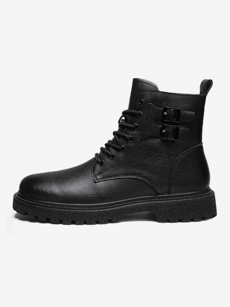 Botas Masculinas Combate Couro Pu Bico Redondo Com Cadarço - Preto