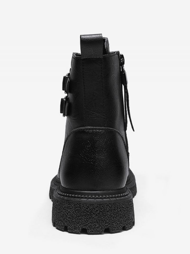 Botas Masculinas Combate Couro Pu Bico Redondo Com Cadarço - Preto