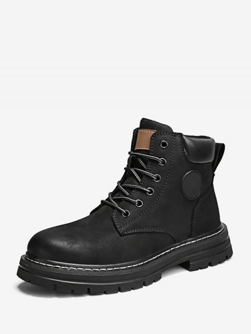 Botas Masculinas Combate Couro Pu Bico Redondo Com Cadarço