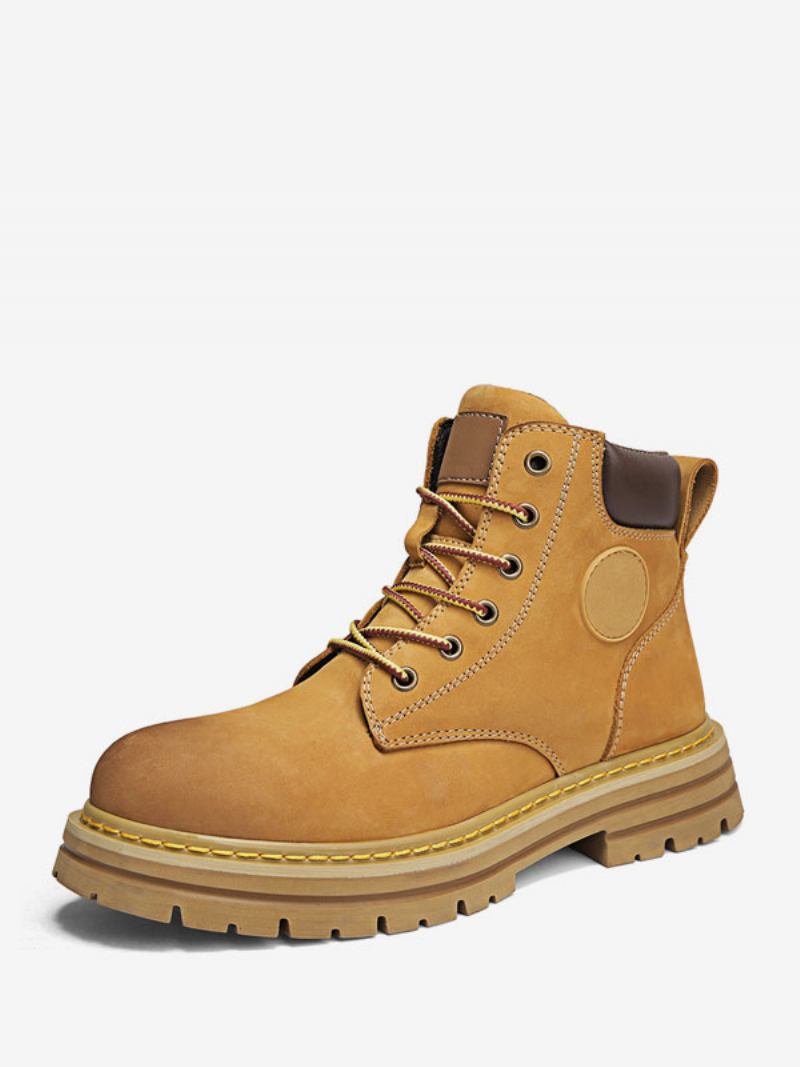 Botas Masculinas Combate Couro Pu Bico Redondo Com Cadarço - Amarelo