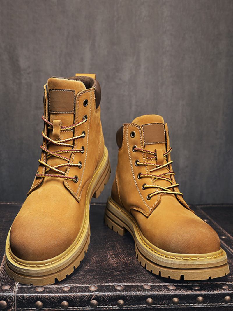 Botas Masculinas Combate Couro Pu Bico Redondo Com Cadarço - Amarelo