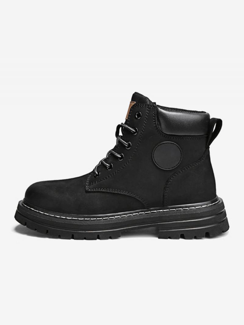 Botas Masculinas Combate Couro Pu Bico Redondo Com Cadarço - Preto