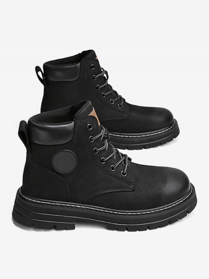 Botas Masculinas Combate Couro Pu Bico Redondo Com Cadarço - Preto