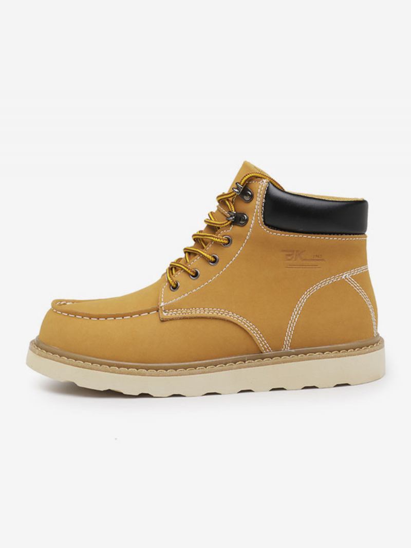 Botas Masculinas Combate Couro Pu Bico Redondo Com Cadarço - Amarelo