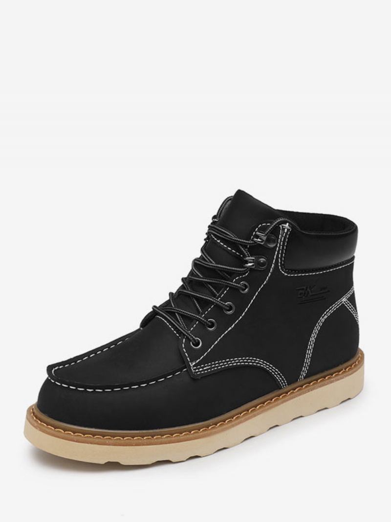 Botas Masculinas Combate Couro Pu Bico Redondo Com Cadarço - Preto