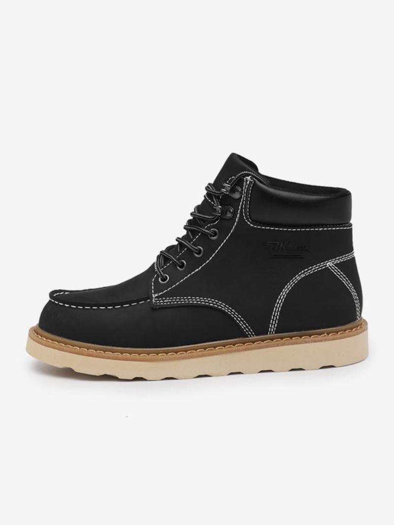 Botas Masculinas Combate Couro Pu Bico Redondo Com Cadarço - Preto