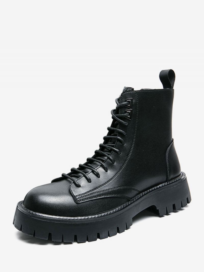 Botas Masculinas Combate Couro Pu Bico Redondo Com Cadarço