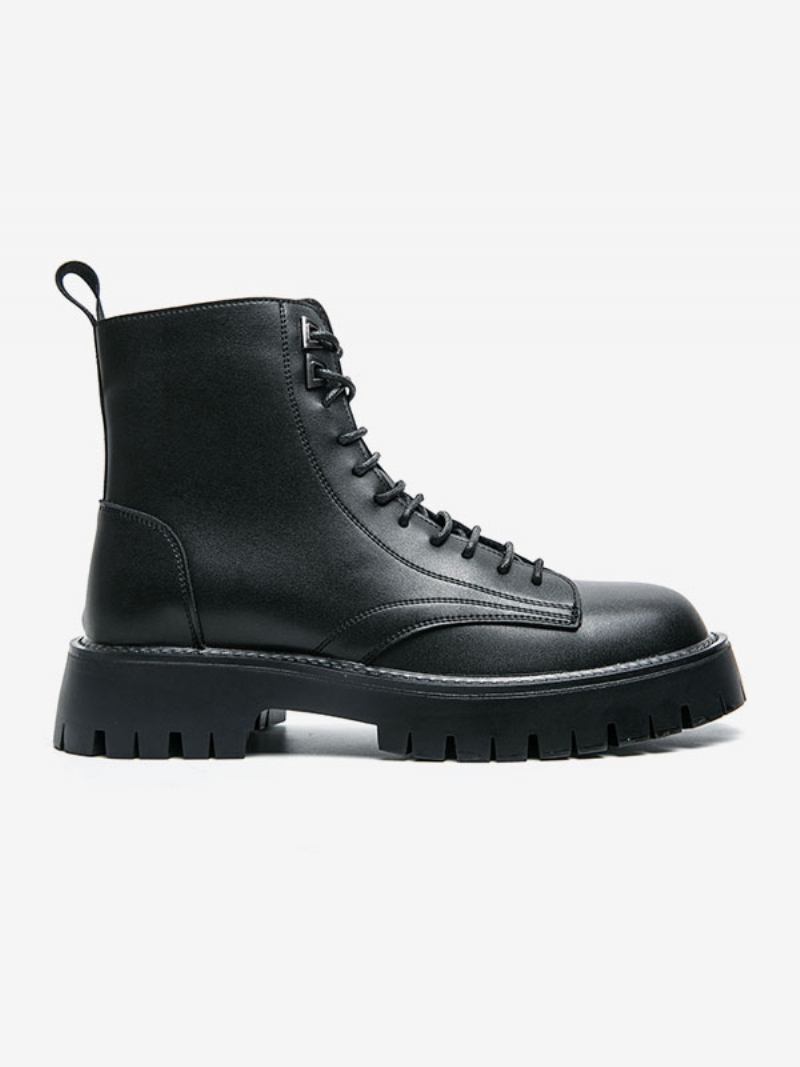 Botas Masculinas Combate Couro Pu Bico Redondo Com Cadarço - Preto