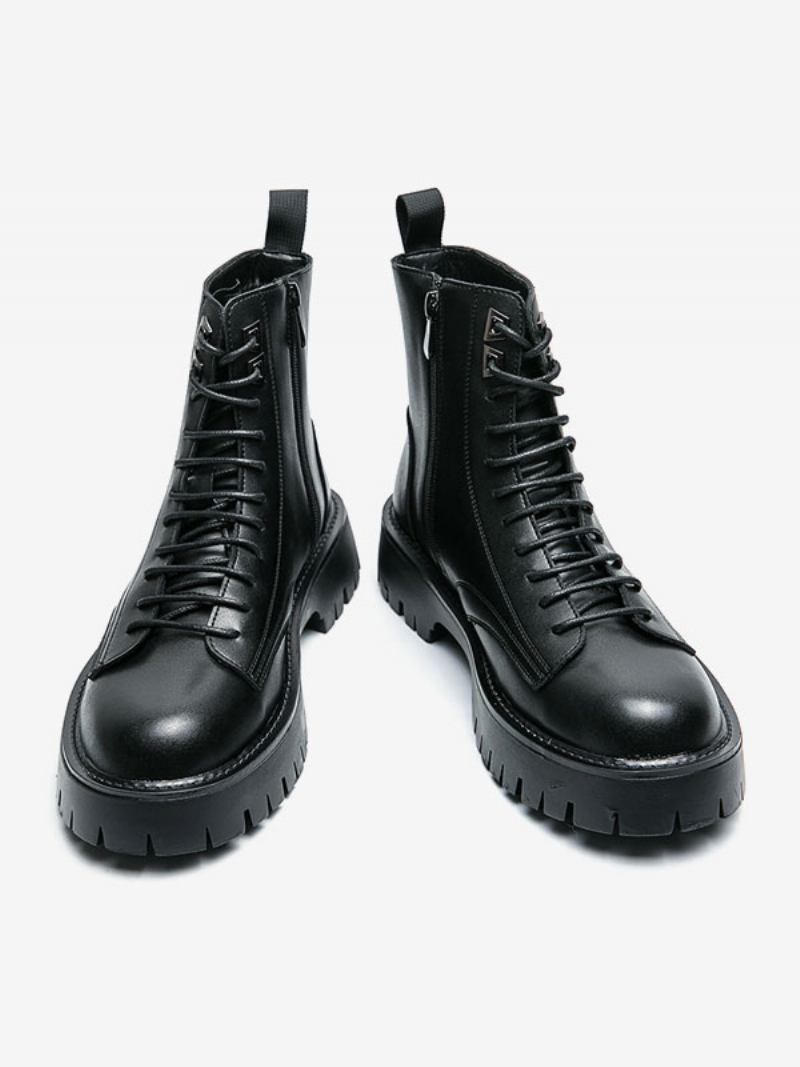 Botas Masculinas Combate Couro Pu Bico Redondo Com Cadarço - Preto