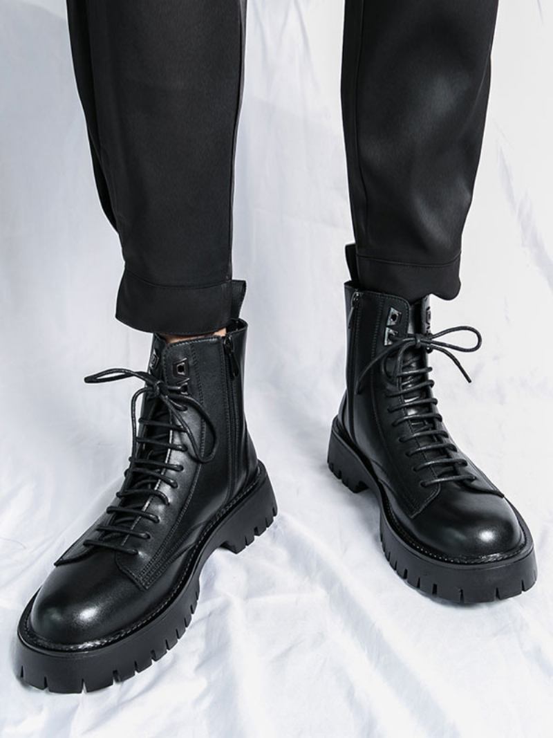 Botas Masculinas Combate Couro Pu Bico Redondo Com Cadarço - Preto