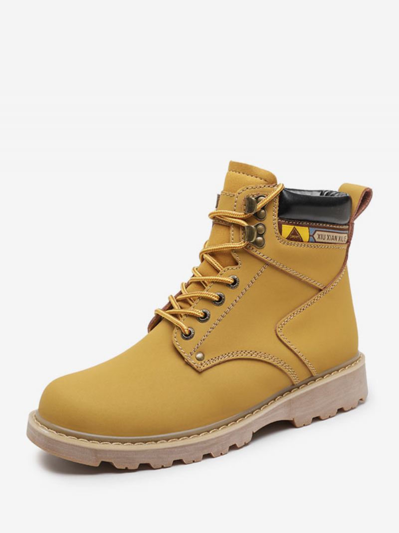 Botas Masculinas Combate Couro Pu Bico Redondo Com Cadarço