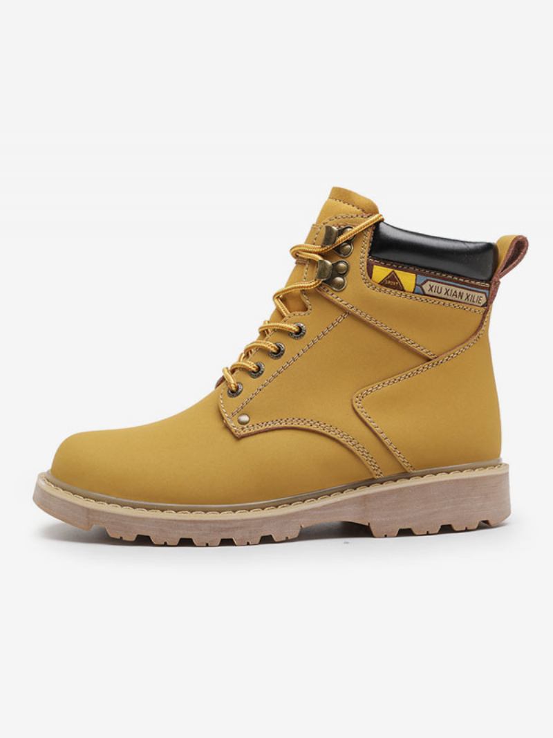 Botas Masculinas Combate Couro Pu Bico Redondo Com Cadarço - Amarelo