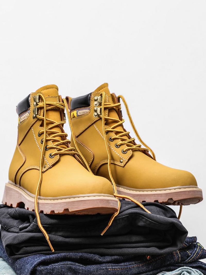 Botas Masculinas Combate Couro Pu Bico Redondo Com Cadarço - Amarelo