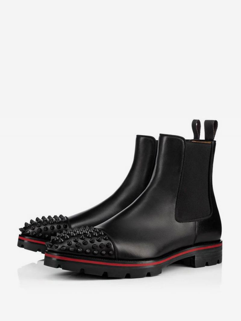 Botas Masculinas Couro Bovino Preto Com Bico Quadrado Feito À Mão Estilo Punk Sola Chelsea