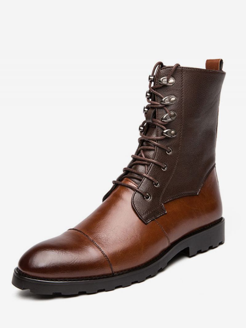 Botas Masculinas Couro Pu Bico Redondo Com Cadarço Cowboy Marrons