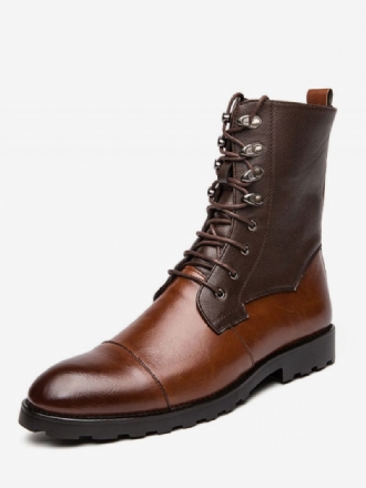 Botas Masculinas Couro Pu Bico Redondo Com Cadarço Cowboy Marrons