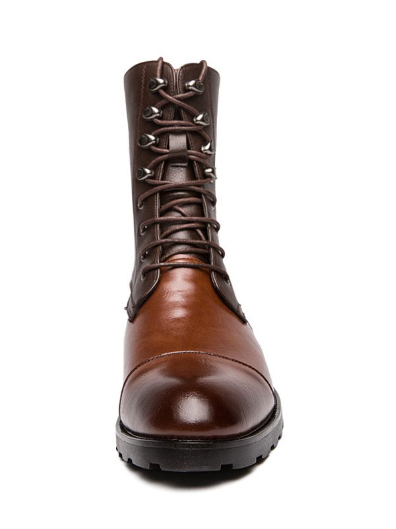 Botas Masculinas Couro Pu Bico Redondo Com Cadarço Cowboy Marrons - Café Marrom