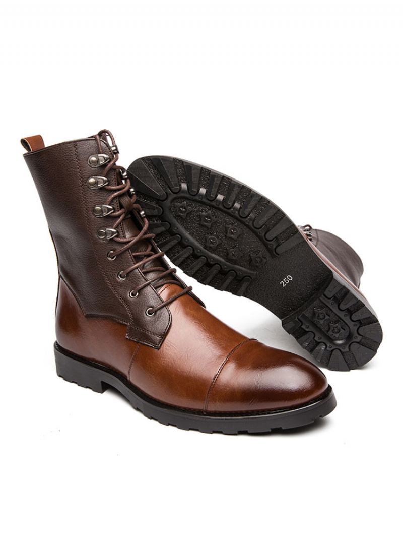 Botas Masculinas Couro Pu Bico Redondo Com Cadarço Cowboy Marrons - Café Marrom