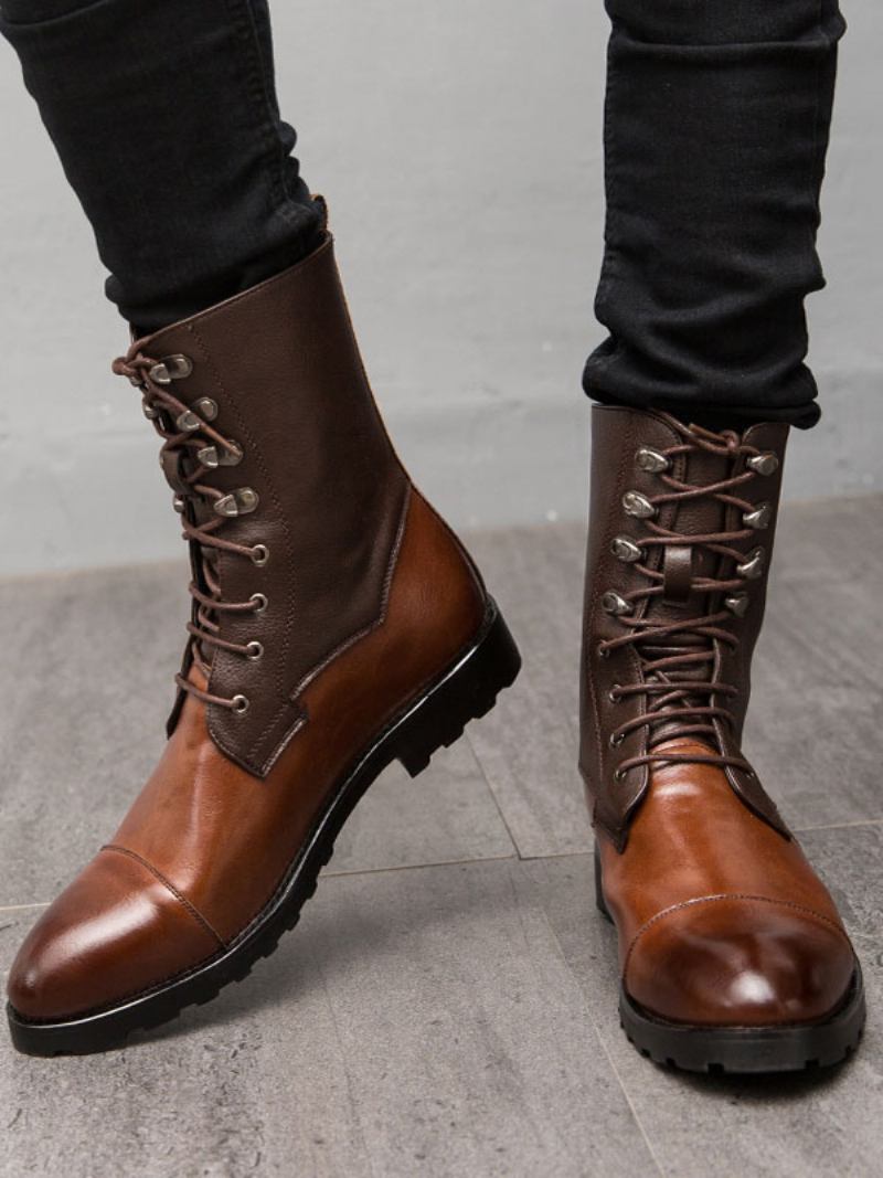 Botas Masculinas Couro Pu Bico Redondo Com Cadarço Cowboy Marrons - Café Marrom