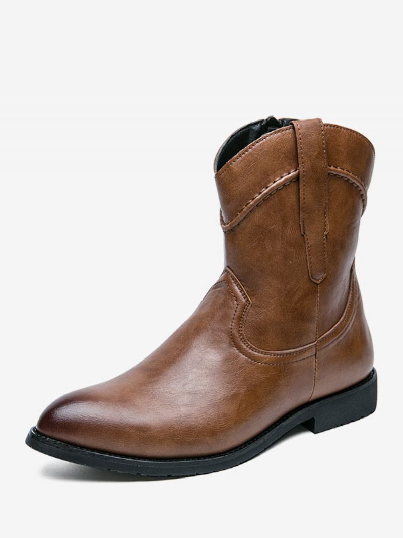 Botas Masculinas Cowboy Amarelo Couro Pu Bico Fino Bordado - Amarelo